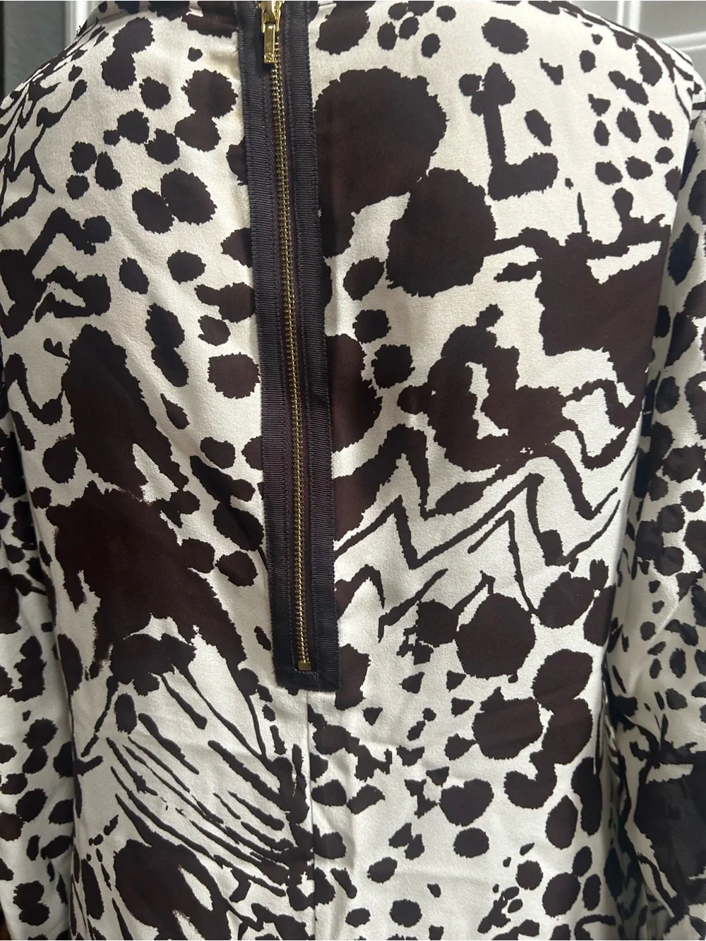 Tory Burch Silk Cream and Dark Brown Abstract Long-Sleeve Tunic Blouse Sz M